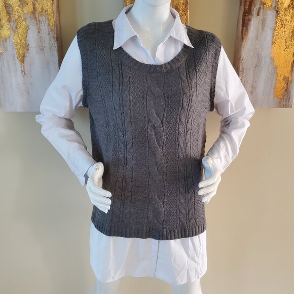 Faded Glory Gray Plus Twofer Sweater with Built-In Collared Shirt SZ L (12-14) - Picture 3 of 8